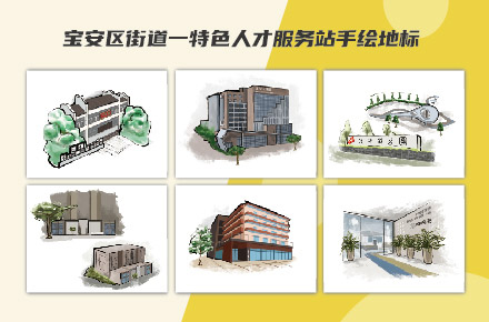 街道服务站手绘地标