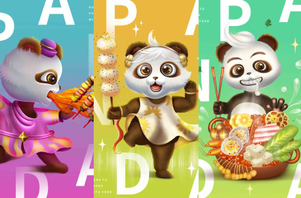 一组功夫熊猫与美食IP吉祥物插画